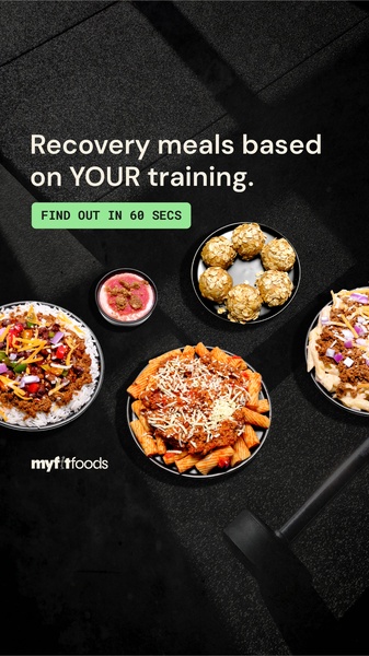 A 9:16 vertical mobile ad showcasing diverse prepared meal options alongside a clear benefit-driven headline for athletes.